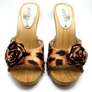 Women 6.5M Guess Leopard Animal Print Wooden Wedge Clog Platform Heels Sandals